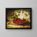 a Still life with daisies and raspberries on a ledge - August Laux — framed artwork on a wall