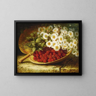 a Still life with daisies and raspberries on a ledge - August Laux — framed artwork on a wall