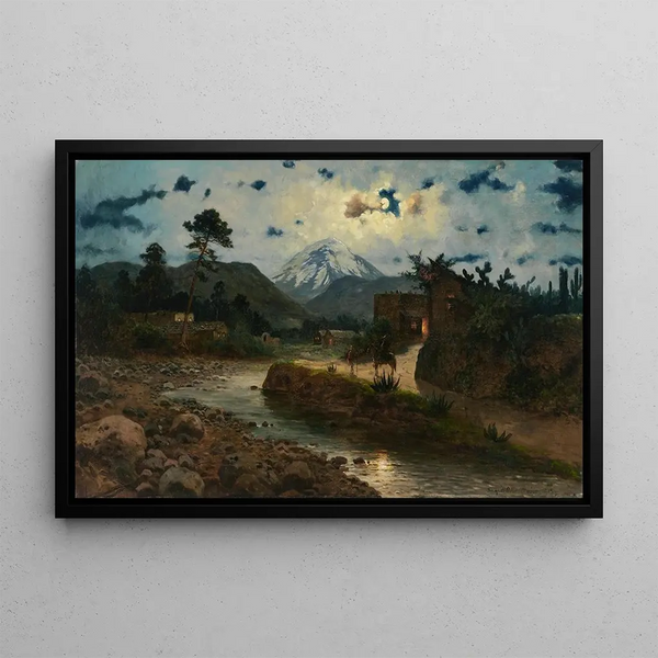 Night in Mexico before Popocatepetl - August Löhr — framed artwork on a wall