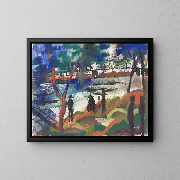 Fisherman by the riverbank - August Macke — framed artwork on a wall