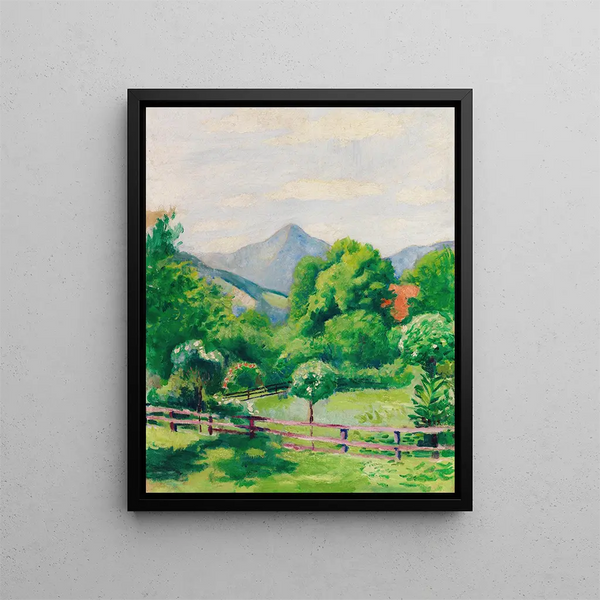 Garden at Tegernsee with house and mountain - August Macke — framed artwork on a wall