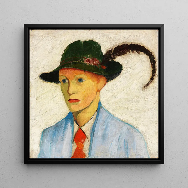 Young woman with feathered hat - August Macke — framed artwork on a wall