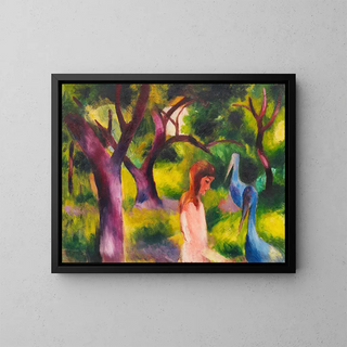 Girls with Blue Birds - August Macke — framed artwork on a wall