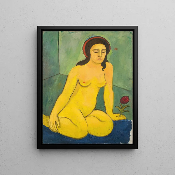 Nude girl with a red flower - August Macke — framed artwork on a wall
