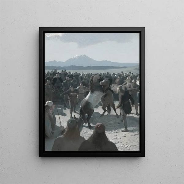 The Horse Fight at Hlidarendi - August Malmström — framed artwork on a wall