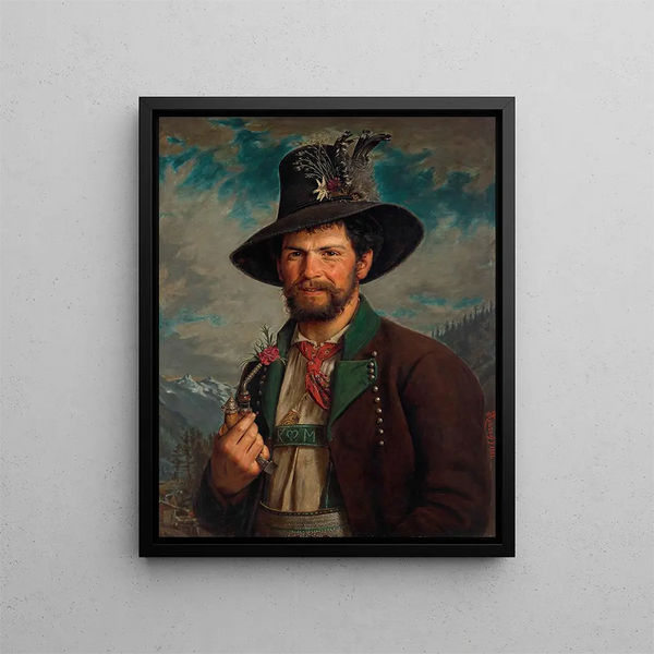 Tyrolean farmer painting in traditional costume - August Pezzey the Elder — framed artwork on a wall