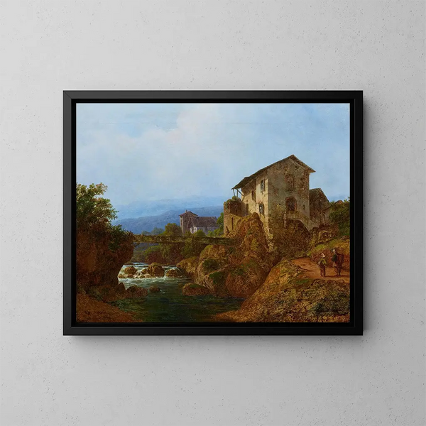 Old village bridge painting - August Piepenhagen — framed artwork on a wall