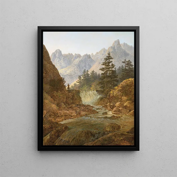 Mountain landscape painting with hiker - August Piepenhagen — framed artwork on a wall