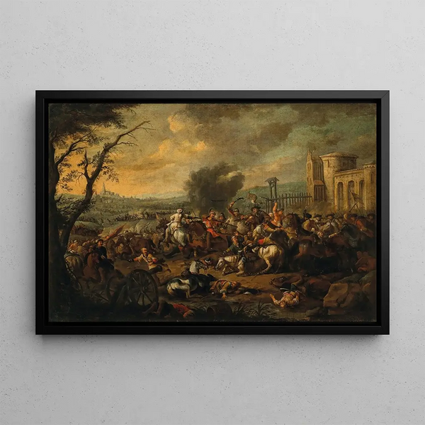 a cavalry skirmish between Christians and Turks - August Querfurt — framed artwork on a wall