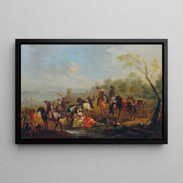 Successful hunt with heron - August Querfurt — framed artwork on a wall