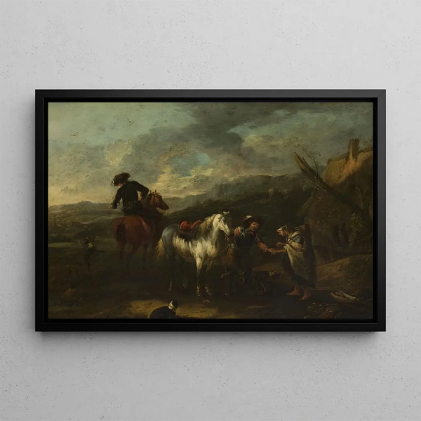 Cavaliers et mendiante dans un paysage - August Querfurt — framed artwork on a wall