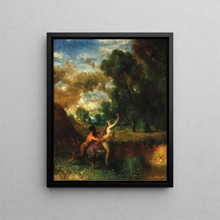 A faun and a nymph - August Richard Zimmermann — framed artwork on a wall