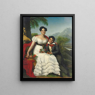 Portrait of a lady and her son - August Riedel — framed artwork on a wall