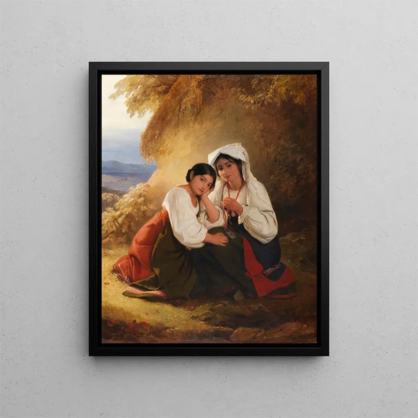 Two Girls in Albanian Costume - August Riedel — framed artwork on a wall