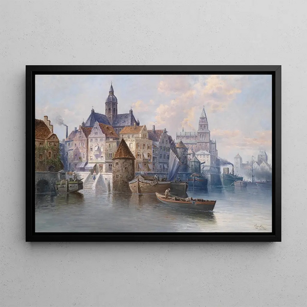 View of the port - August von Siegen — framed artwork on a wall