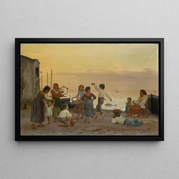 Children dancing the saltarello on the beach in Capri - August Weckesser — framed artwork on a wall