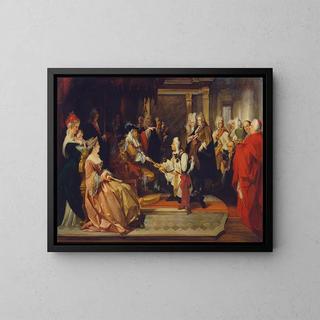 L'Empereur Charles VI remet l'épée d'honneur au Prince Eugène après la bataille de Belgrade - August Wenzel Mantler — framed artwork on a wall