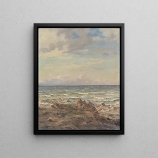Coastal section painting with rocky beach - August Wilhelm Boesen — framed artwork on a wall