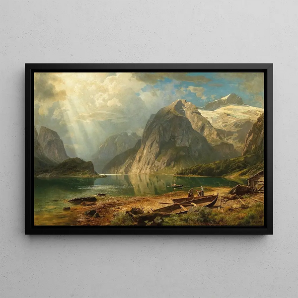 A fjord landscape - August Wilhelm Leu — framed artwork on a wall