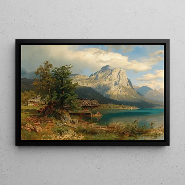 View of Lake Grundlsee with Backenstein - August Wilhelm Leu — framed artwork on a wall