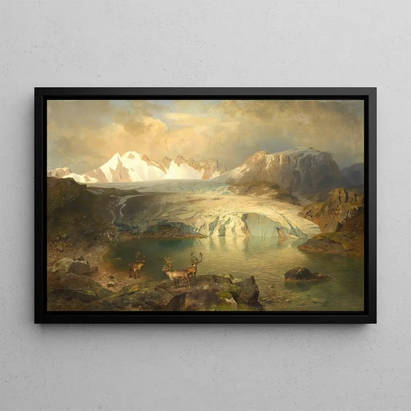 Landscape painting of fjord with glacier and reindeer - August Wilhelm Leu — framed artwork on a wall