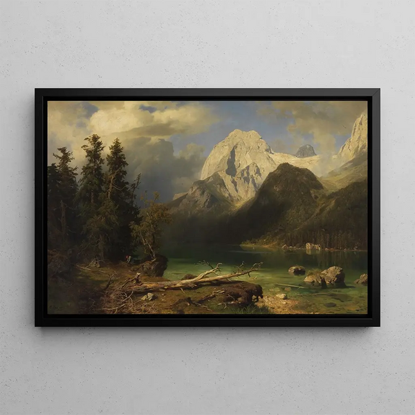 Mountain Lake with Mountain Range in the Background - August Wilhelm Leu — framed artwork on a wall