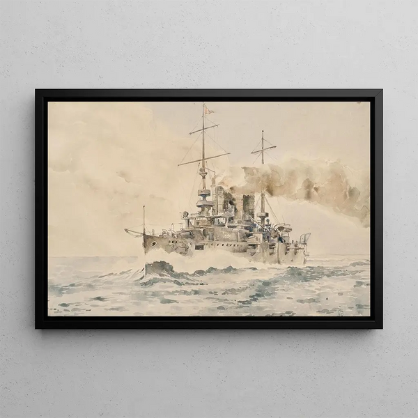 Imperial and Royal Battleship of the SMS Erzherzog Karl class all sails out - August von Ramberg — framed artwork on a wall