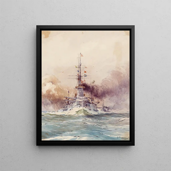"Le cuirassé Impérial VIRIBUS UNITIS à pleine vitesse accompagné de la flotte" by August von Ramberg — framed artwork on a wall
