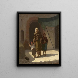 Family Orientale Painting with a Bird - Auguste Bouchet — framed artwork on a wall