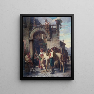 La halte des chevaux à l'auberge - Auguste Dutuit — framed artwork on a wall