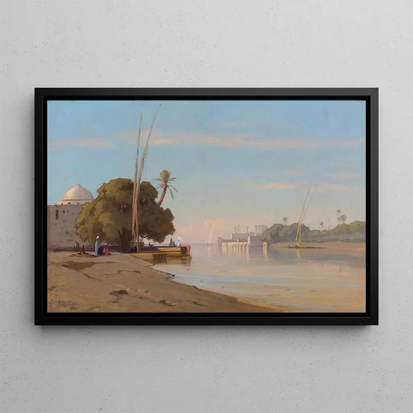 Mosque on the Nile banks - Auguste Louis Veillon — framed artwork on a wall