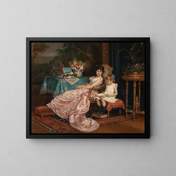 a mother and her daughter reading - Auguste Toulmouche — framed artwork on a wall