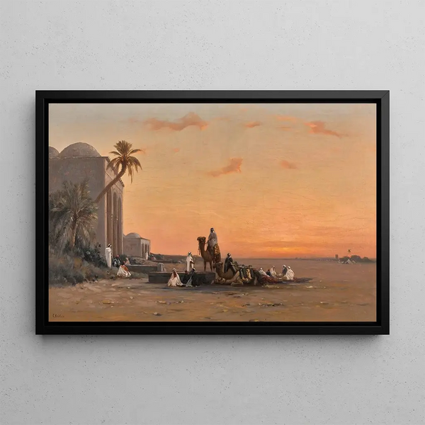 Halt at the well - Auguste Veillon — framed artwork on a wall