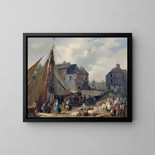 The Port of Honfleur, Livestock Loading - Auguste Xavier Leprince — framed artwork on a wall