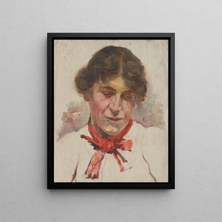 Study of a Woman's Head with a Red Bow - Aurel Ballo — framed artwork on a wall