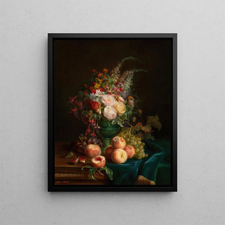 Nature morte aux fleurs et aux pêches - Aurélie Léontine Malbet — framed artwork on a wall