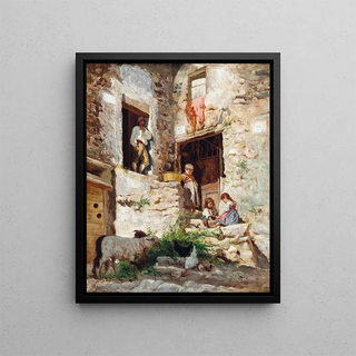 Playing on the stairs of an Italian villa - Aurelio Tiratelli — framed artwork on a wall