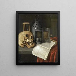 Vanitas still life painting - B. Schaak — framed artwork on a wall