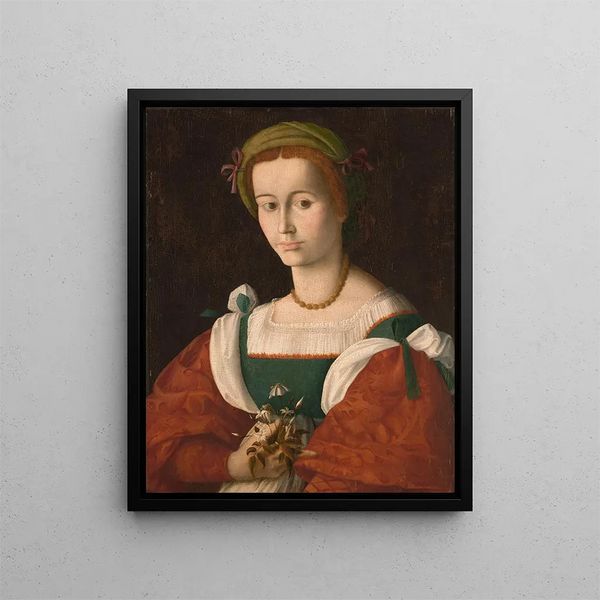 A Lady with a Bouquet - Bacchiacca — framed artwork on a wall