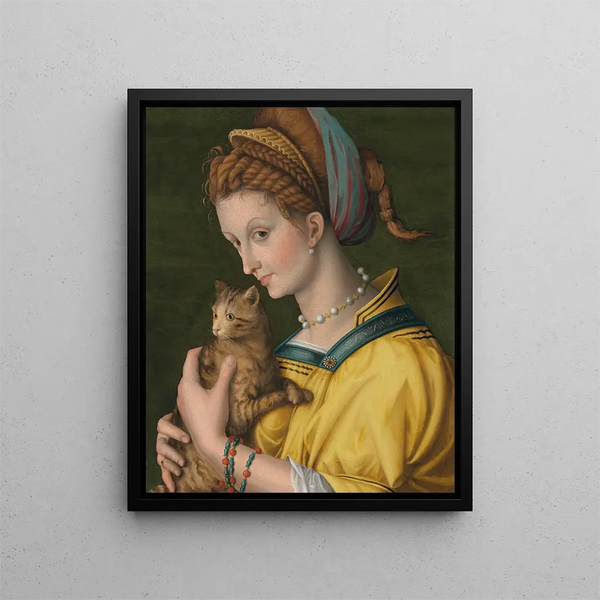 Portrait of a Young Woman Holding a Cat - Bacchiacca — framed artwork on a wall