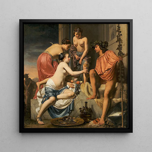 Bacchus on a Throne, Nymphs Offering Wine and Fruits to Bacchus - Caesar Van Everdingen — framed artwork on a wall