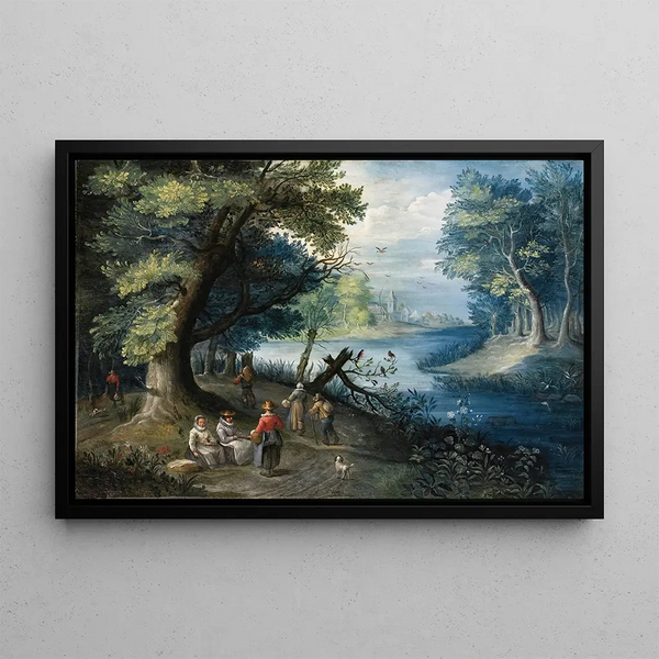 a river landscape with figures - Balthasar Beschey — framed artwork on a wall
