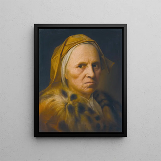 Portrait of an old lady wearing a fur-trimmed coat - Balthasar Denner — framed artwork on a wall