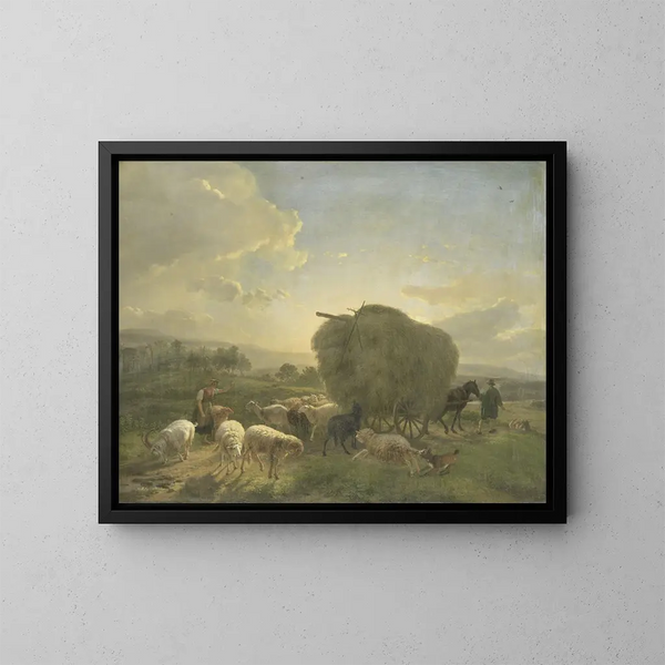 Landscape painting with sheep and a hay cart - Balthasar Paul Ommeganck — framed artwork on a wall
