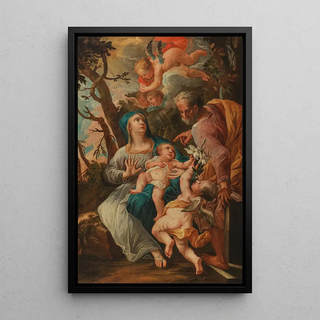 La Sainte Famille avec le petit Saint Jean-Baptiste et des anges - Balthasar Scabina de Rossa — framed artwork on a wall