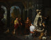 Elegant figures watching sculptors working on a Hercules and Antaeus statue in the courtyard of a palace - Balthasar van den Bossche — artwork view