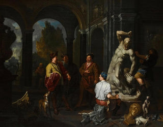 Elegant figures watching sculptors working on a Hercules and Antaeus statue in the courtyard of a palace - Balthasar van den Bossche — artwork view