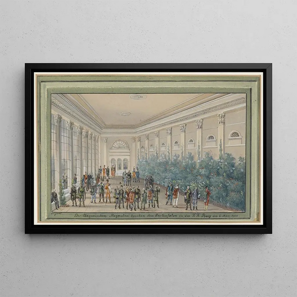 Les magnats hongrois visitent le salon de jardin au château - Balthasar Wigand — framed artwork on a wall