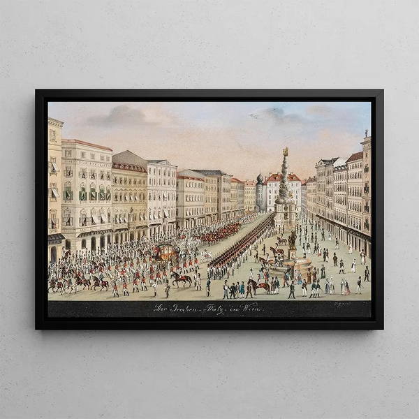 Graben in Vienna with plague column, an imperial carriage, and a military event - Balthasar Wigand — framed artwork on a wall