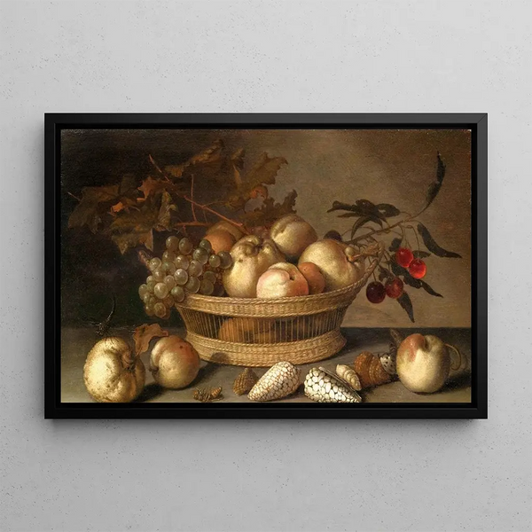 a basket with cherries, apples, peaches, and a bunch of grapes surrounded by apples, peaches, shells, bees, and a dragonfly - Balthasar van der Ast — framed artwork on a wall